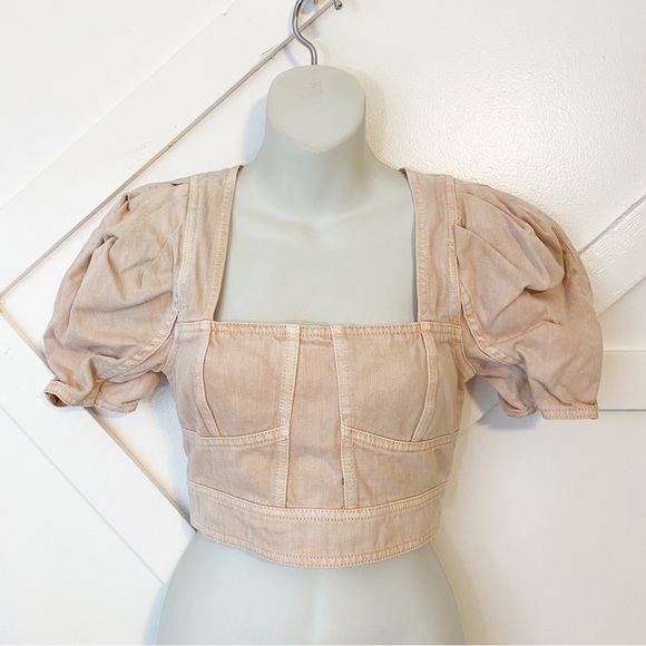 Ulla Johnson Renee Square Neck Denim Puff Sleeve Corset Cropped Top Pink Sz 0 - Picture 4 of 10